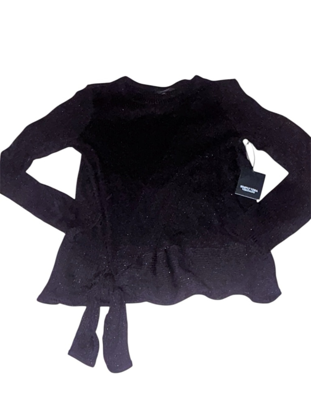 NWT Simply Vera Black Knit Long Sleeve Knot Front Metallic Top L New